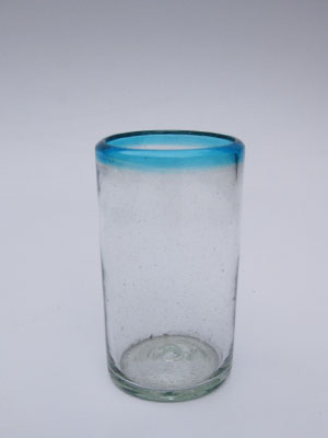 VIDRIO SOPLADO / Juego de 6 vasos para jugo con borde azul aqua